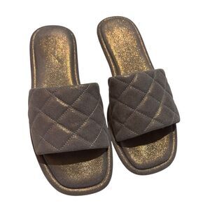 J/Slides Women's Quilted Bronze Metallic Iridescent Slide Sandals - 7.5